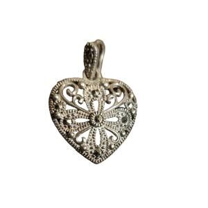 Vintage 1990s Sterling Silver and Marcasite Heart Pendant 1 inch New Old Stock